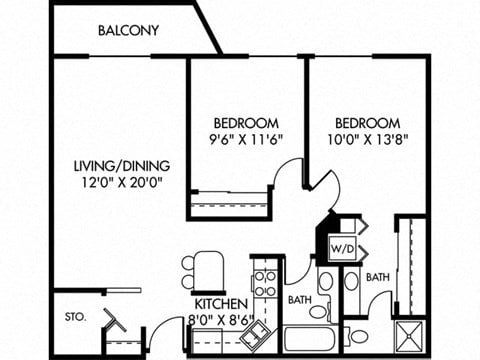 Floor plan for 2 beds, 2 baths, 891 sqft